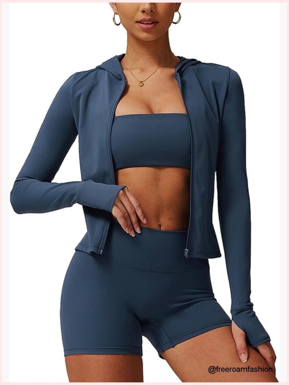 3 Pc Workout Set: Bandeau Bra, Scrunch Shorts, Hooded Jacket